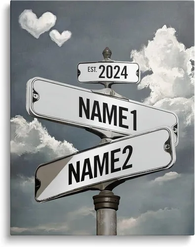 Vista 9 de Lienzo de letrero de calle vintage personalizado para parejas, nombre y fecha personalizados con tema de nube en blanco y negro, regalo de boda