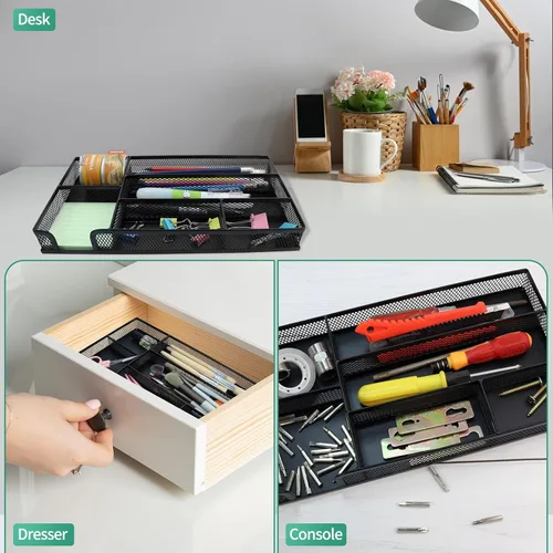 Vista 7 de GAQWOK Bandeja organizadora de cajones de escritorio de malla metálica pequeña para papel, oficina, baño, cocina, maquillaje y tocador, organizador