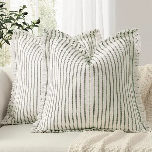 Vista 21 de Fundas de almohada ZWJD de 16 x 16 pulgadas, juego de 2 fundas de almohada a rayas con borlas, fundas de almohada de algodón chic, fundas de cojín