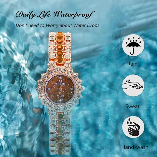 Vista 6 de RORIOS Reloj analógico de cuarzo para mujer, con pulsera de diamantes de imitación completa, reloj de pulsera de moda, reloj de diamantes