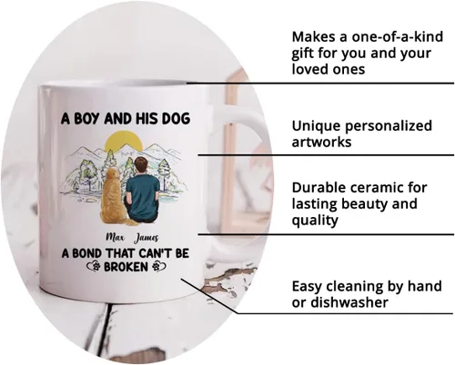 Vista 5 de Gossby Taza personalizada con texto en inglés «A Boy and His Dog», regalo personalizado para dueños de perros y hombres con diseño, nombre, razas