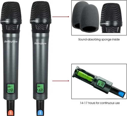 Vista 3 de Berlingtone - Sistema de micrófono inalámbrico, 2 micrófonos dinámicos de mano, 120 canales de frecuencia ajustables, funda de metal y micrófono