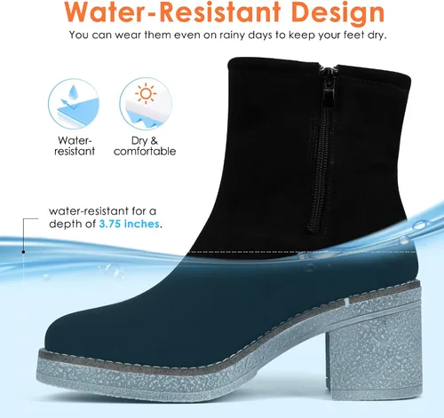 Vista 5 de JABASIC Botas de tobillo para mujer, tacón bajo, tacón grueso, botas de vestir con cremallera lateral