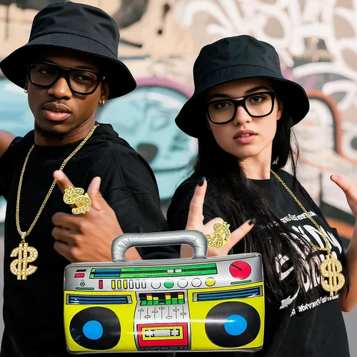 Vista 7 de 90s Accessories Outfit for Men 80s Hip Hop Costumes Kit Fake Gold Chain Twist Leg Punk Sunglasses and Rings Adjustable Boom Box Rapper Accessories