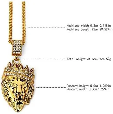 Vista 6 de Hip Hop Jewelry - Colgante de cabeza de león con corona de oro, diamantes de imitación transparentes, juego de puntas de diamantes, cadena cubana