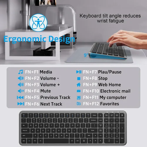 Vista 4 de Teclado y mouse silenciosos, teclado de computadora compacto inalámbrico de tamaño completo con botón de calculadora, mouse de 2400 DPI, clic