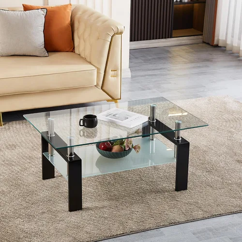 Vista 9 de Moderna mesa de centro de cristal templado negro, 39.4 pulgadas de ancho x 23.6 pulgadas de profundidad x 17.7 pulgadas de alto, mesa auxiliar