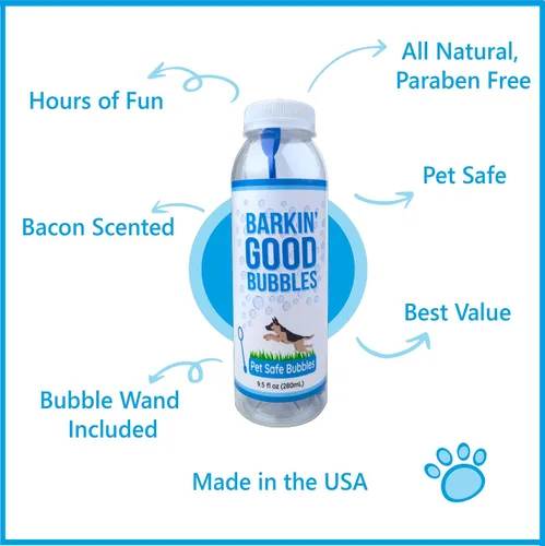 Vista 3 de Barkin' Good Bubbles - Juguete para perro, 9.5 onzas líquidas, solución natural de burbujas con aroma a tocino a base de plantas, ideal para jugar