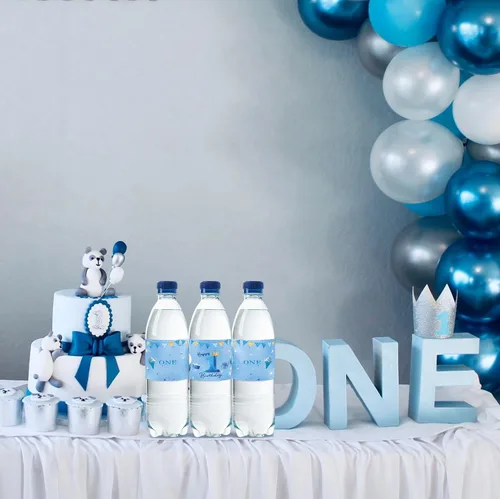 Vista 5 de 32 etiquetas azules para botellas de agua de primer cumpleaños, globos azules con purpurina para cumpleaños de un año, etiquetas para botellas