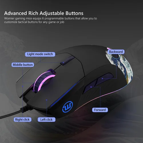 Vista 6 de Womier Ratón para juegos con cable, mouse de anime RGB negro con computadora ergonómica 12000DPI/6 botones programables botones programables