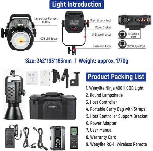 Vista 7 de Weeylite Ninja 400 II - Luz LED de video continua, 150 W, 2800-6800 K, montaje Bowens bicolor, iluminación continua, control de aplicación, luces
