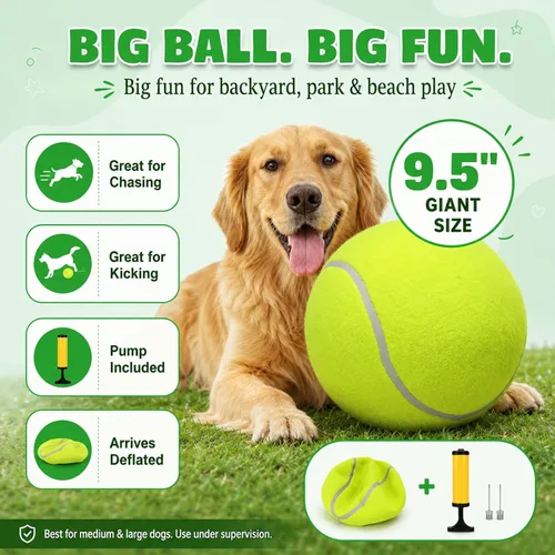 Vista 2 de INSUM Pelota de tenis gigante de 9.5 pulgadas, pelota de juguete grande para perros para jugar al aire libre, cumpleaños para perros grandes, ideal