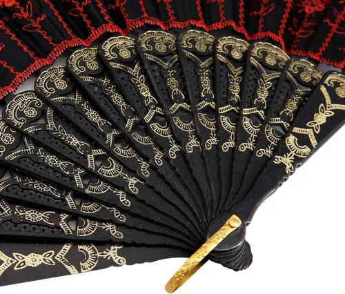 Vista 5 de InnoLife Elegante abanico de mano plegable con flores bordadas y patrón de pavo real con lentejuelas en tela artesanal (5 piezas, rojo)