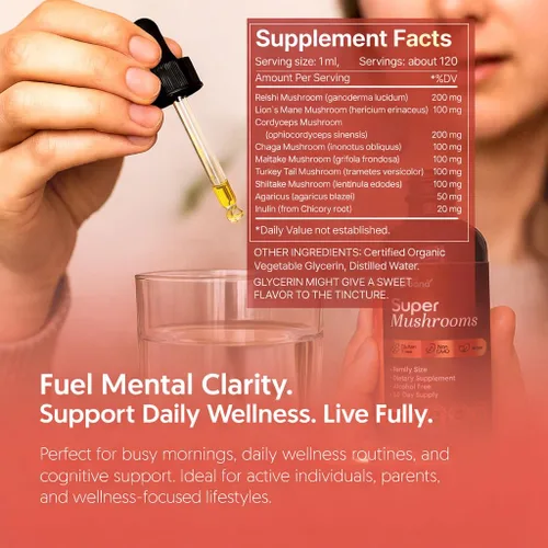 Vista 5 de Super Mushroom Complex 8 en 1 Extracto líquido – Gotas de 4 onzas líquidas con melena de león Reishi Cordyceps Chaga Maitake cola de pavo Shiitake