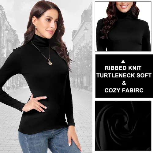 Vista 2 de Cotton Ribbed Turtleneck Shirt Women Long Sleeve Turtle Necks Tops Thermal Undershirt 2Packs