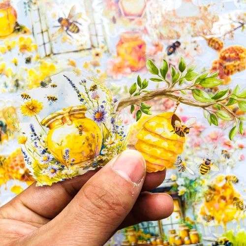 Vista 2 de 60 piezas de calcomanías holográficas de abejas de jardín para niñas estéticas – Calcomanías transparentes de abejas, florales, de panal