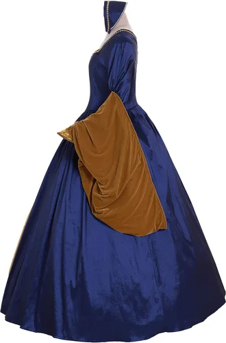 Vista 3 de Fortunehouse Vestido renacentista de la reina victoriana Elizabeth Tudor estilo Ana Bolena, vestido azul para cosplay