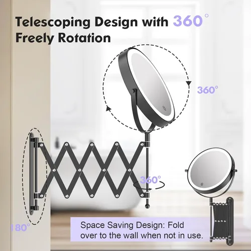 Vista 5 de 8" recargable montado en la pared espejo de maquillaje aumento echado a un lado doble 5000mAh Lighted Magnifying Mirror with 3 Color Lights Touch