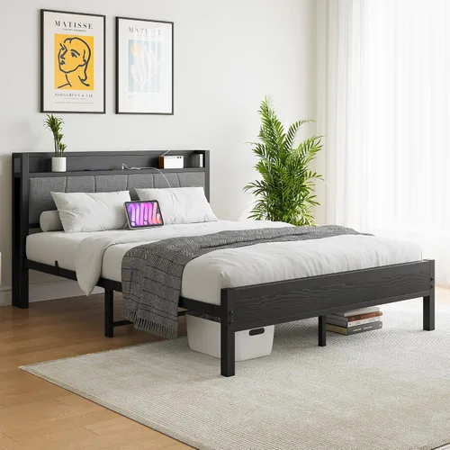 Vista 3 de BOFENG Base de cama Queen con cabecero, base de cama tapizada de metal con estación de carga, marco de cama tamaño Queen con almacenamiento,