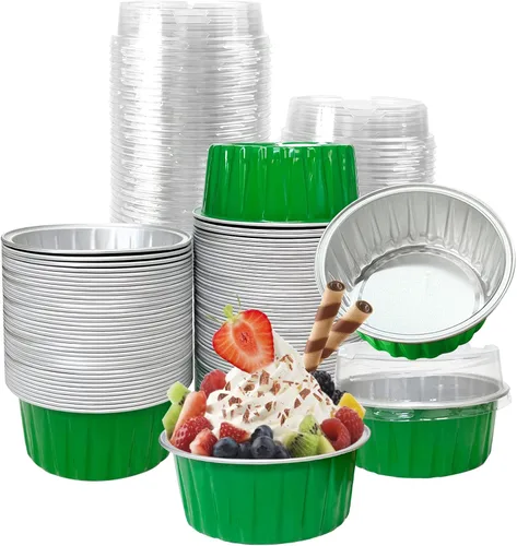 Vista 13 de 100 piezas de tazas de aluminio con tapas, 5 onzas de tazas desechables de ramekin para hornear, forros para magdalenas, mini moldes para tartas