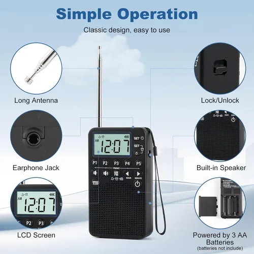 Vista 4 de Radio Portátil Operada con Pilas de Bolsillo AM/FM Sintonización Digital, Altavoz Fuerte, Excelente Recepción Radio Portátil de Emergencia y al