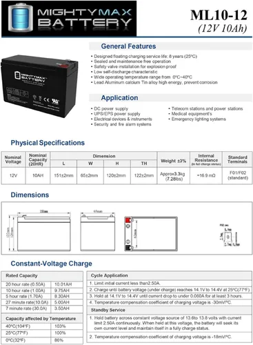 Vista 6 de Mighty Max Battery ML10-12 - Batería de repuesto SLA AGM de 12V 10AH compatible con Power Patrol SLA1097