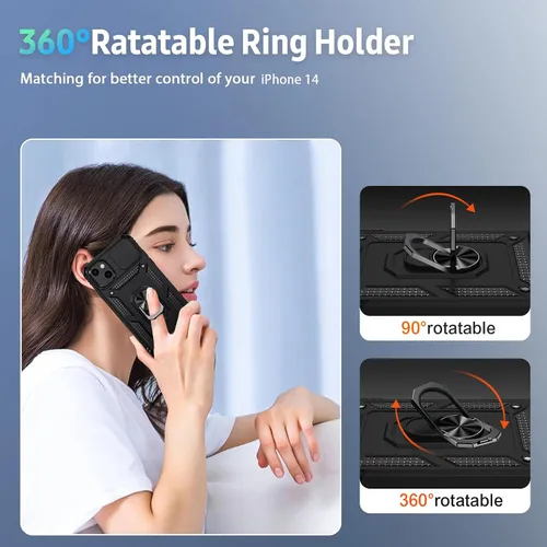 Vista 6 de Funda para iPhone 14 con cubierta para lente de cámara, protector de pantalla HD, protección contra caídas de grado militar de 10 pies, soporte