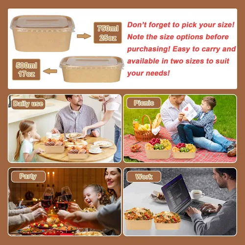 Vista 5 de Paquete de 50 recipientes de cartón compostables de 25 onzas con tapas, papel kraft desechable, almacenamiento para microondas y congelador, seguro