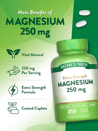 Vista 5 de Nature's Truth Suplemento de magnesio para mujeres y hombres 250 mg 250 unidades Vegano, sin OMG y sin gluten Óxido de magnesio