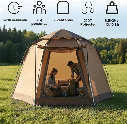 Vista 2 de TUKAILAI Instant Camping Tent, Hexagonal Design Automatic Dome Tent with 4 Mesh Windows and 1 Door, Easy Setup Pop Up Tent with Vestibule & Rainfly