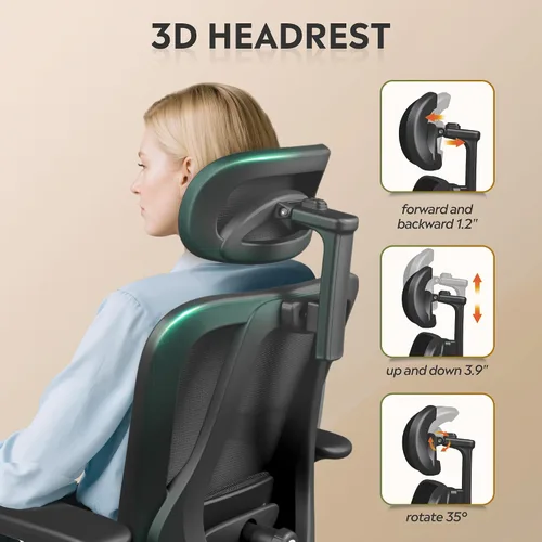Vista 6 de DEVAISE - Silla ergonómica de malla para oficina con reposacabezas 3D ajustable y función de inclinación, silla grande y alta reclinable y cómoda