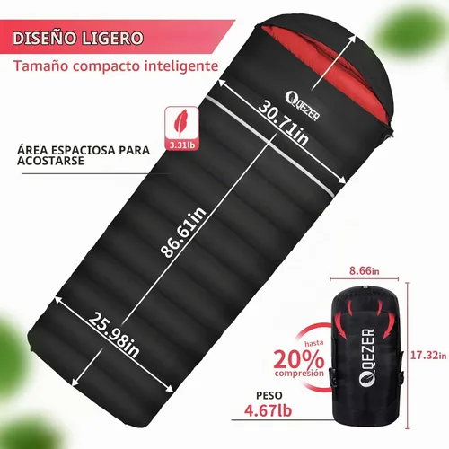Vista 2 de Down Sleeping Bag for Adults, 600 Fill Power Ultralight Backpacking Negro