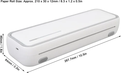 Vista 2 de Impresora térmica A4, 203dpi USB recargable pequeña impresora móvil Bluetooth con rollo de papel de 17.1 ft 8.268x1.181x0.472 in, compatible