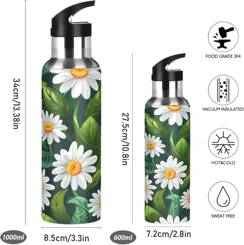 Vista 2 de BPA-Free Sports Water Bottle 32 Oz, Insulated Stainless Steel Water Bottle with Straw for Gym Outdoor Travel School, White Daisy Flowers Green Leaves