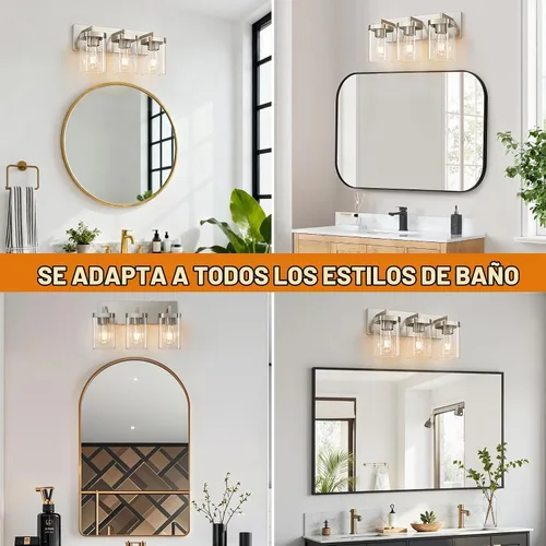 Vista 7 de Lámparas de baño de 3 luces sobre espejo, luces de tocador de níquel cepillado con pantalla cuadrada de vidrio transparente. Moderna lámpara
