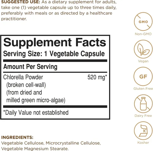Vista 2 de Solgar Chlorella - 100 cápsulas vegetales - Máxima absorción - Sin OMG, vegano, sin gluten, Kosher - 100 porciones