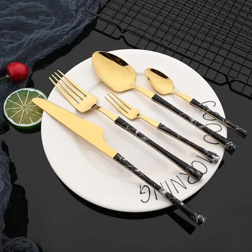 Vista 6 de JASHII Juego de cubiertos de acero inoxidable con textura de mármol, 24 piezas, tenedor de cuchillo, cuchara de té, cubiertos plateados para 6