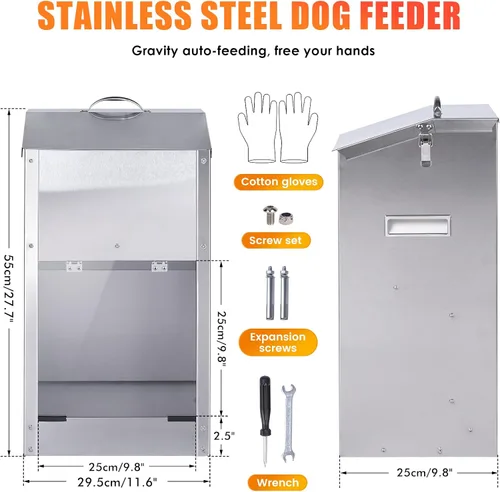 Vista 7 de Comedero automático para perros de raza grande, material de acero inoxidable 25 Lbs Dog Dry Food Dispenser with Clear Flap Door, Gravity Pet