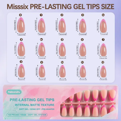Vista 7 de Misssix Uñas postizas a presión con punta francesa, 150 piezas de puntas de uñas de gel francés, uñas postizas de gel suave de almendra media, kit