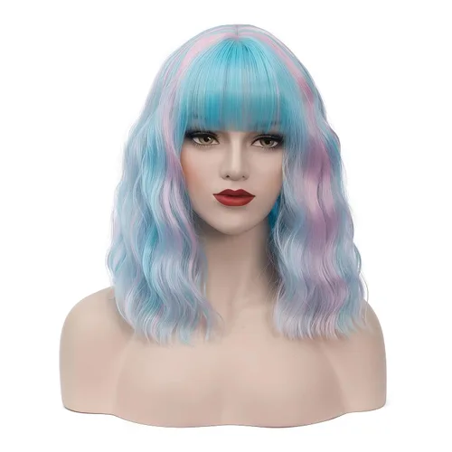 Vista 15 de BUFASHION Peluca rizada corta ondulada de 14 pulgadas para mujer, peluca sintética para cosplay, Halloween, peluca con flequillo lateral (negro)