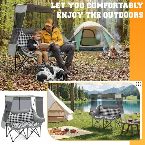 Vista 5 de Silla de campamento doble con toldo plegable de gran tamaño con techo, silla de césped resistente de 660 libras con bolsillo para soportes