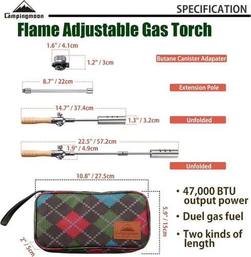 Vista 2 de Campingmoon - Antorcha para parrilla de campamento con cabezal de combustible doble, llama ajustable para principiantes de carbón con estuche