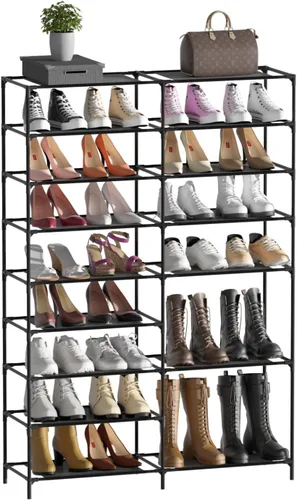 Vista 6 de TY ARTS & CULTURE Estante de zapatos de metal de 9 niveles, negro, 34.6 pulgadas de largo x 10.2 pulgadas de ancho x 56.3 pulgadas de alto