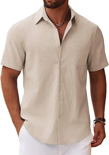 Vista 19 de COOFANDY Camisa de manga corta con botones para hombre, casual, de algodón, para verano, playa, lino, para boda, con bolsillo