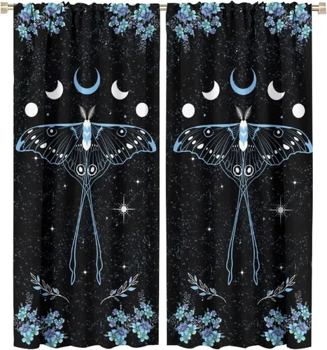 Vista 40 de Cortinas de mariposa de fantasía, polilla, sol, luna, estrella, arte floral, estampado floral, bolsillo para barra, cortinas opacas para ventana