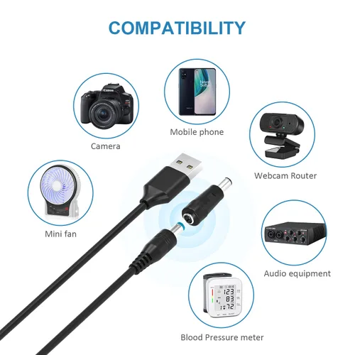 Vista 3 de Powseed Cable de alimentación de 5 V CC, cable de carga USB a CC con 10 enchufes adaptadores para cargar luz LED Pixel, USB-HUB, mini ventilador