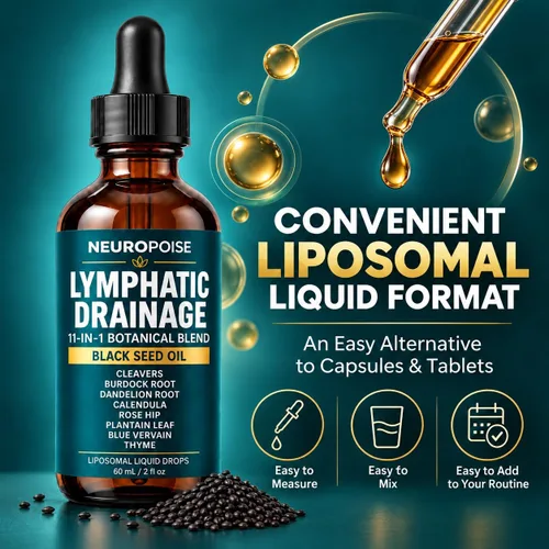 Vista 4 de Neuropoise - Gotas de drenaje linfático con aceite de semilla negra, mezcla liposomal 11 en 1, 2 onzas líquidas
