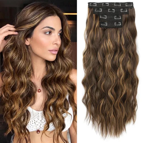 Vista 24 de REECHO Extensiones de cabello con pinza, 4 piezas de extensiones de cabello rubio de 24" de largo, ondas de playa gruesas, HE003, trama de encaje