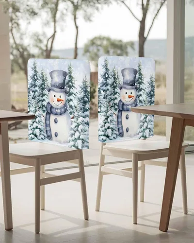 Vista 4 de Paquete de 4 fundas para respaldo de silla de muñeco de nieve de Navidad azul para sillas de comedor, lavables y extraíbles, protector de silla