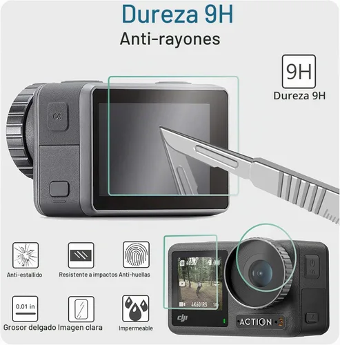 Vista 6 de FiTSTILL Protector de pantalla de vidrio templado con tapa de lente de silicona para DJI Osmo Action 4, dureza Ultra HD 9H, resistente a